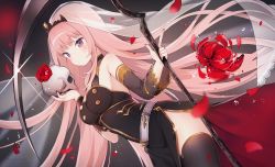 1girl, bangs, bare shoulders, black background, black dress, black legwear, black neckwear, blush, breasts, choker, detached sleeves, dress, eyebrows visible through hair, flower, hair ornament, highres, holding, holding skull, holding weapon, hololive, hololive english, looking at viewer, medium breasts, mori calliope, nail polish, petals, pink eyes, pink hair, rose, scythe, side slit, skull, solo, thighhighs, veil, virtual youtuber, weapon, yennineii