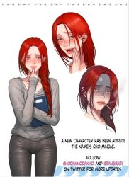 Rule 34 | bad thinking diary, blus, brown eyeshadow, cho minjae, closed mouth, disgust, head out of frame, long hair, looking at viewer, open mouth, red hair, serious, simple background, very long hair, white background