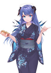 Rule 34 | 1girl, arknights, blue eyes, blue hair, collarbone, detached wings, food, halo, hands up, highres, holding, holding food, hongbaise raw, horns, japanese clothes, kimono, long hair, mostima (arknights), parted lips, simple background, solo, white background, wings, yukata