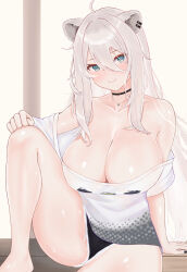 Rule 34 | 1girl, absurdres, ahoge, animal ears, bare shoulders, black choker, black nails, black shorts, blush, breasts, choker, cleavage, closed mouth, collarbone, ear piercing, grey eyes, grey hair, hair between eyes, highres, hololive, jewelry, large breasts, lion ears, lion girl, long hair, looking at viewer, loose clothes, loose shirt, nail polish, necklace, off-shoulder shirt, off shoulder, piercing, shirt, shishiro botan, shishiro botan (casual), short shorts, shorts, sitting, smile, solo, t-shirt, thighs, virtual youtuber, wennananyan, white shirt