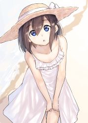 Rule 34 | 1girl, beach, blue eyes, bow, brown hair, collarbone, commentary request, day, dress, hair between eyes, hat, hat bow, head tilt, highres, leaning forward, looking at viewer, original, outdoors, parted lips, round teeth, sand, sleeveless, sleeveless dress, solo, sun hat, suzunari shizuku, teeth, upper teeth only, v arms, water, white bow, white dress, yuki arare