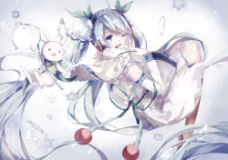 Rule 34 | 1girl, ahoge, blue eyes, blue hair, rabbit, capelet, detached sleeves, flower, hatsune miku, lily of the valley, long hair, mamenomoto, matching hair/eyes, one eye closed, open mouth, snowflake print, snowflakes, solo, twintails, very long hair, vocaloid, wink, yuki miku, yukine (vocaloid)