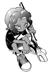 Rule 34 | 1boy, dark-skinned male, dark skin, holding, holding weapon, looking at viewer, male focus, nintendo, octoling, octoling boy, octoling player character, parted bangs, shirt, shoes, short hair, shorts, shundei (enig), sitting, sneakers, solo, splatoon (series), squiffer (splatoon), suction cups, t-shirt, tentacle hair, weapon, widow&#039;s peak