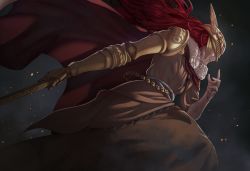 Rule 34 | 1girl, armor, cape, closed mouth, covered eyes, dress, elden ring, helmet, highres, holding, holding sword, holding weapon, long hair, malenia blade of miquella, mechanical arms, prosthesis, prosthetic arm, red cape, red hair, simple background, single mechanical arm, solo, sword, very long hair, vibratix, weapon, winged helmet