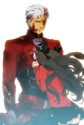 Rule 34 | 1boy, 1girl, archer (fate), awa suna, blood, brown hair, fate/stay night, fate (series), grey eyes, height difference, tohsaka rin, two side up, white hair
