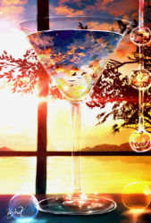 Rule 34 | abstract, alcohol, bird, cocktail, cocktail glass, cup, drinking glass, fish, glass, highres, hill, kumeki (kk4615), no humans, original, reflection, scenery, signature, silhouette, sky, star (sky), starry sky, sunset, surreal, tree, water, window