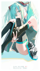 Rule 34 | aqua eyes, aqua hair, aqua nails, aqua necktie, bare shoulders, black skirt, black sleeves, black thighhighs, character name, commentary, copyright name, detached sleeves, english commentary, from side, grey shirt, hair ornament, half-closed eyes, hand on own knee, hatsune miku, highres, knees up, light particles, long hair, looking at viewer, miniskirt, nail polish, necktie, pleated skirt, shadow, shi-ro, shirt, shoulder tattoo, sidelighting, sitting, skirt, sleeveless, sleeveless shirt, smile, solo, tattoo, thighhighs, twintails, v, very long hair, vocaloid
