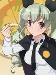Rule 34 | 10s, 1girl, anchovy (girls und panzer), cheese trail, drill hair, eating, food, girls und panzer, green hair, holding, holding food, katatsuka kouji, long sleeves, looking at viewer, military, military uniform, necktie, pizza, red eyes, solo, twin drills, uniform