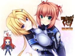 Rule 34 | 3girls, ahoge, angry, asymmetrical docking, blonde hair, blue eyes, blush, bodysuit, breast press, breasts, chibi, ellen aice, embarrassed, forehead, green eyes, hair intakes, hands on own chest, large breasts, looking at viewer, miono shizuku, multiple girls, muv-luv, muv-luv alternative, official art, oogami ritsuko, orange hair, pilot suit, plugsuit, ponytail, purple eyes, red eyes, red hair, sayori (neko works), small breasts, smile, two side up