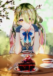 Rule 34 | 1girl, absurdres, antlers, braid, branch, brooch, cake, ceres fauna, chair, chocolate cake, cup, dappled sunlight, dress, elbows on table, flower, food, fork, fruit, garden, green hair, hair flower, hair ornament, hair over one eye, highres, hololive, hololive english, horns, jewelry, looking at viewer, ribbon, smile, solo, strawberry, sunlight, teacup, tree shade, valentine, virtual youtuber, yellow eyes, zerobi