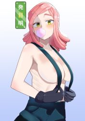 Rule 34 | 1girl, absurdres, areola slip, black gloves, blue background, blue pants, boku no hero academia, breasts, character name, chewing gum, gloves, gradient background, hatsume mei, highres, holding strap, large breasts, medium hair, mochi (mochiokomet), naked overalls, overalls, pants, pink hair, solo, upper body, yellow eyes