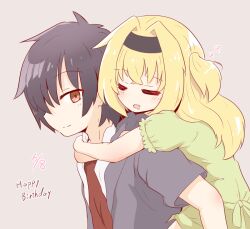 Rule 34 | 1boy, 1girl, = =, arms around neck, black hair, blonde hair, blush, brother and sister, brown eyes, carrying, casual, chitose haruki, chitose sana, closed eyes, commentary request, crossed bangs, dated, dress, drooling, from side, green dress, hair between eyes, hair intakes, hakutocake, happy birthday, hug, hug from behind, light brown background, long hair, looking at viewer, looking back, mouth drool, necktie, open mouth, piggyback, profile, red necktie, short hair, short sleeves, siblings, simple background, sleeping, smile, spiked hair, tenshinranman, two side up, upper body, zzz