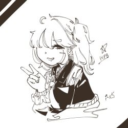 Rule 34 | 1girl, 3ma can omochi, blurry, cardigan, collared shirt, commentary request, cropped torso, greyscale, grin, half-closed eyes, hand up, happy birthday, highres, kasukabe tsumugi, long sleeves, loose necktie, medium hair, monochrome, necktie, off shoulder, one side up, scrunchie, shirt, signature, simple background, smile, solo, v, voicevox, wrist scrunchie