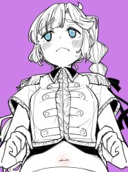 Rule 34 | 1girl, anyoji hime, averting eyes, black ribbon, blue eyes, blunt bangs, blush, collared shirt, commentary request, epaulettes, frown, greyscale with colored background, hair ribbon, highres, link! like! love live!, long hair, looking to the side, love live!, midriff, multi-tied hair, navel, ponytail, purple background, ribbon, shirt, shirt hold, solo, spot color, sweatdrop, swept bangs, upper body, virtual youtuber, wavy mouth, yukiri takashi