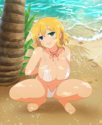 Rule 34 | 10s, 1girl, arms behind back, barefoot, beach, blonde hair, blue eyes, blush, breasts, cleavage, coconut tree, curvy, dappled sunlight, female focus, green eyes, heterochromia, large breasts, lens flare, looking at viewer, naughty face, o-ring, o-ring swimsuit, one-piece swimsuit, outdoors, palm tree, ryouna (senran kagura), seashell, senran kagura, shade, shell, shiny skin, short hair, sideboob, slingshot swimsuit, smile, solo, squatting, starfish, sunlight, swimsuit, tagme, tree, white one-piece swimsuit, yaegashi nan