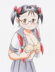 Rule 34 | 1girl, black hair, blush, bow, bra, breasts, brown eyes, cleavage, collarbone, glasses, grabbing, grabbing another&#039;s breast, grey skirt, hair bow, highres, large breasts, long hair, looking at viewer, marup, navel, neckerchief, open clothes, open shirt, red neckerchief, school uniform, shirt, short sleeves, skirt, smile, standing, striped bra, striped clothes, twintails, underwear, undone neckwear, white background, white bra, white shirt
