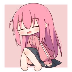 Rule 34 | 1girl, = =, ass, barefoot, black skirt, blush, bocchi the rock!, breasts, closed eyes, cube hair ornament, full body, gotoh hitori, hair between eyes, hair ornament, hana kazari, highres, jacket, long hair, long sleeves, one side up, open mouth, pink hair, pink jacket, pleated skirt, revision, skirt, small breasts, solo, track jacket, two-tone background