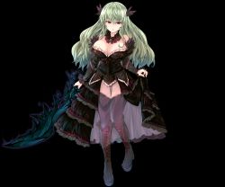 Rule 34 | 1girl, bare shoulders, boots, breasts, choker, cleavage, clothes lift, corset, dress, dress lift, feathers, frilled choker, frilled dress, frilled sleeves, frills, full body, green hair, head wings, highres, knee boots, large breasts, long hair, melvina (sennen sensou aigis), official art, red eyes, sennen sensou aigis, solo, sword, thighhighs, tousen, transparent background, weapon, wings, zettai ryouiki