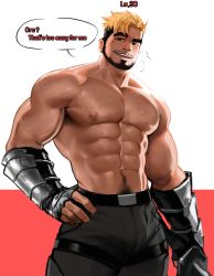 Rule 34 | 1boy, abs, bara, belt, biceps, black hair, blonde hair, dopey (dopq), facial hair, feet out of frame, gauntlets, highres, large pectorals, leather, leather belt, looking at viewer, male focus, manly, mature male, multicolored hair, muscular, muscular male, navel, navel hair, nipples, original, pants, pectorals, raised eyebrows, red background, simple background, solo, speech bubble, sweat, sweatdrop, sword, thick arms, thick eyebrows, topless male, weapon, white background