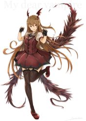 Rule 34 | 1girl, absurdres, bat wings, black gloves, blonde hair, brooch, claw pose, cosplay, dress, fingerless gloves, garter straps, gloves, granblue fantasy, head wings, highres, idolmaster, jewelry, long hair, looking at viewer, my dear vampire, nail polish, pointy ears, red eyes, red nails, voice actor connection, shingeki no bahamut, short sleeves, simple background, skirt, smile, solo, spider web print, thighhighs, vampy, white background, wings, yatsuka (846)
