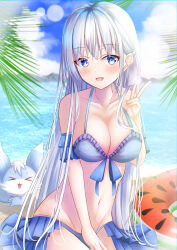 Rule 34 | &gt; &lt;, 1girl, :d, absurdres, alternate costume, beach, between legs, bikini, blue bikini, blue eyes, blue ribbon, blush, breasts, cleavage, collarbone, commentary request, cowboy shot, day, eyelashes, frilled bikini, frills, groin, hair between eyes, hair ornament, hairclip, hand between legs, hand up, happy, highres, inari (summer pockets), large breasts, lens flare, long hair, looking at viewer, mao sirahama, naruse shiroha, ocean, open mouth, outdoors, ribbon, sidelocks, sitting, smile, solo, straight hair, summer pockets, swimsuit, v, very long hair, watermelon innertube, white hair