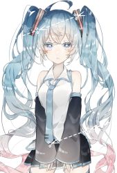 Rule 34 | 1girl, ahoge, bare shoulders, black skirt, black sleeves, blue eyes, blue hair, blue necktie, breasts, collared shirt, commentary, cut-here line, detached sleeves, dotted line, gradient hair, hair ornament, hatsune miku, highres, long hair, long sleeves, multicolored hair, necktie, parted lips, pink hair, pleated skirt, scissors, shirt, siho (ricchil), simple background, skirt, sleeveless, sleeveless shirt, sleeves past wrists, small breasts, solo, tie clip, twintails, very long hair, vocaloid, white background, white shirt, wide sleeves