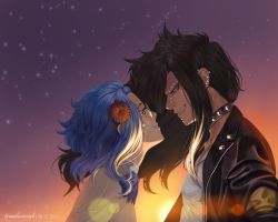Rule 34 | 1boy, 1girl, absurdres, annlu vazzel, artist name, black hair, black jacket, blue hair, blue neckwear, bow, bowtie, collarbone, commentary, dated, ear piercing, earrings, english commentary, eye contact, fairy tail, flower, from side, gajeel redfox, glasses, grin, hair flower, hair ornament, highres, jacket, jewelry, levy mcgarden, long hair, looking at another, medium hair, messy hair, open clothes, open jacket, outdoors, piercing, profile, red eyes, red flower, round eyewear, shirt, smile, sunset, teeth, upper body, white shirt