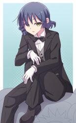 Rule 34 | 1girl, black bow, black footwear, black jacket, black pants, blue hair, bocchi the rock!, bow, collared shirt, dress shirt, e20, formal, gloves, green eyes, grey vest, hair ornament, hairclip, highres, jacket, knee up, long sleeves, looking at viewer, open clothes, open jacket, outside border, pant suit, pants, parted lips, shirt, shoes, sitting, solo, suit, vest, white gloves, white shirt, yamada ryo
