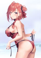 Rule 34 | 1girl, absurdres, ahoge, arisugawa natsuha, ass, backless swimsuit, blush, braid, breasts, dated, fingernails, floral print, hair bun, highres, idolmaster, idolmaster shiny colors, kevn, large breasts, looking at viewer, looking back, nail polish, one-piece swimsuit, orange hair, outdoors, red one-piece swimsuit, sideboob, signature, single side bun, smile, solo, swimsuit