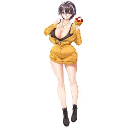 Rule 34 | 1girl, antenna hair, bare legs, black bra, black footwear, bra, breasts, brown hair, cardigan, chain, chain necklace, cleavage, closed mouth, collarbone, cream, crepe, earrings, food, fruit, full-length zipper, full body, galatea (last origin), ginkgo leaf, gold chain, gold necklace, hair between eyes, hand on own chest, high tops, highres, holding, holding food, huge breasts, jewelry, kiwi (fruit), kuuro kuro, last origin, leaf, lips, looking at viewer, multicolored hair, necklace, off shoulder, official alternate costume, official art, orange (fruit), partially unzipped, shoes, short hair, simple background, smile, sneakers, solo, standing, strawberry, streaked hair, tachi-e, taut clothes, third-party source, transparent background, two-tone hair, underwear, white hair, yellow cardigan, yellow eyes, zipper, zipper pull tab