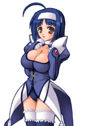 1girl :d ahoge blue_hair blue_leotard blue_outline blue_thighhighs breasts brown_eyes choker cleavage collarbone gloves hairband hakoiri_nyanko hands_up juliet_sleeves kaitou_tenshi_twin_angel kannazuki_aoi large_breasts legs_together leotard long_sleeves open_mouth outline puffy_sleeves short_hair sideways_glance simple_background smile solo standing thighhighs twin_angel white_background white_choker white_gloves white_hairband