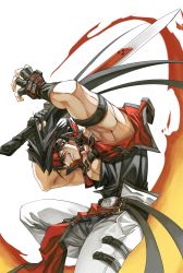 Rule 34 | 1boy, absurdres, black gloves, brown eyes, brown hair, dong hole, english text, fingerless gloves, fire, fire, gloves, grin, guilty gear, guilty gear x, guilty gear xx, highres, holding, holding weapon, jacket, male focus, pectoral cleavage, pectorals, red jacket, simple background, smile, sol badguy, solo, sword, weapon, white background
