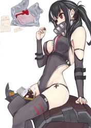 Rule 34 | 1girl, azur lane, black hair, black one-piece swimsuit, black scarf, black thighhighs, box, breasts, chocolate, competition swimsuit, cross, cross earrings, earrings, feet out of frame, gift, gift box, hair between eyes, highres, jewelry, long hair, long sleeves, looking down, marshall k, medium breasts, multicolored hair, one-piece swimsuit, red eyes, scarf, side ponytail, sitting, solo, swimsuit, thighhighs, u-47 (azur lane), white background