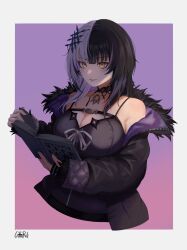 Rule 34 | 1girl, absurdres, belt, black belt, black choker, black coat, black dress, black hair, book, border, breasts, chest belt, choker, cleavage, coat, cropped torso, dress, fur-trimmed coat, fur trim, grey hair, hair ornament, highres, holding, holding book, hololive, hololive english, lace, lace choker, large breasts, long hair, long sleeves, looking at viewer, multicolored hair, open book, parted lips, pink background, purple background, shiori novella, shiori novella (1st costume), signature, smile, solo, split-color hair, teeth, two-tone background, two-tone hair, uharntan, virtual youtuber, white border, yellow eyes