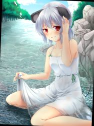 Rule 34 | 1girl, alternate costume, animal ears, bad id, bad pixiv id, blush, dress, highres, looking at viewer, mouse ears, mouse tail, nazrin, nnyara, red eyes, river, short hair, silver hair, sitting, solo, tail, touhou, wariza, water, wet, wet clothes, wet dress, white dress