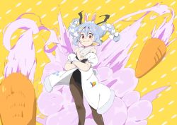 Rule 34 | 1girl, animal ear fluff, animal ears, arm cuffs, black gloves, black leotard, black pantyhose, blue hair, braid, breasts, carrot, cleavage, closed mouth, coat, commentary, cowboy shot, crossed arms, don-chan (usada pekora), donkoni, floating hair, fur scarf, gloves, hair ribbon, highres, hololive, leotard, light blue hair, looking at viewer, missile, motion blur, motion lines, multicolored hair, off-shoulder coat, off shoulder, paint in hair, paint splatter, paint splatter on face, pantyhose, patterned background, playboy bunny, rabbit ears, rabbit girl, rabbit tail, red eyes, ribbon, simple background, small breasts, smile, smoke, solo, tail, thick eyebrows, tress ribbon, twin braids, twintails, two-tone hair, usada pekora, usada pekora (1st costume), virtual youtuber, white coat, white hair, wind, yellow background