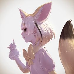 Rule 34 | 10s, 1girl, animal ears, blonde hair, bow, bowtie, commentary request, elbow gloves, extra ears, fennec (kemono friends), fox ears, fox tail, fur trim, gloves, highres, kemono friends, multicolored hair, profile, puffy short sleeves, puffy sleeves, realistic, short hair, short sleeves, solo, tail, takami masahiro