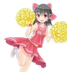 Rule 34 | 1girl, alternate costume, bad id, bad pixiv id, bare arms, black hair, bow, character name, cheerleader, hair bow, hair tubes, leaning, looking at viewer, open mouth, pleated skirt, pom pom (cheerleading), red eyes, shirt, shoes, short hair, skirt, sleeveless, sleeveless shirt, sneakers, solo, touhou, tube socks, usagikoya, wrist cuffs