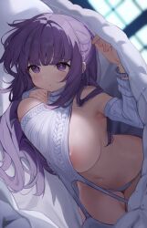 Rule 34 | 1girl, :t, areola slip, arm up, bed sheet, blurry, blurry background, blush, bracelet, breasts, closed mouth, commentary request, fern (sousou no frieren), highres, jewelry, large breasts, long hair, looking at viewer, meme attire, nahaki, panties, pout, purple eyes, purple hair, solo, sousou no frieren, sweat, under covers, underwear, very long hair, virgin destroyer sweater, white panties, window