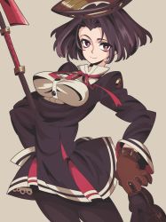 Rule 34 | 10s, 1girl, adjusting clothes, adjusting shoe, bad id, bad pixiv id, belt, bow, glaive (polearm), gloves, highres, kantai collection, leather, leather gloves, looking at viewer, maikeru (dk maikel), pantyhose, pleated skirt, polearm, purple eyes, purple hair, school uniform, short hair, skirt, smile, solo, tatsuta (kancolle), weapon