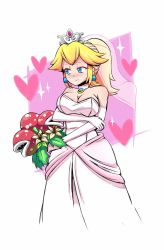 Rule 34 | 1girl, arm grab, arm under breasts, bare shoulders, blonde hair, blue eyes, blush, bouquet, breast hold, breasts, bridal veil, bride, choker, cleavage, closed mouth, cropped legs, dress, earrings, elbow gloves, embarrassed, eyelashes, flower, gloves, grabbing own arm, half-closed eyes, heart, highres, holding, holding bouquet, jewelry, large breasts, leaf, looking away, mario (series), medium hair, nintendo, pendant, pink background, piranha plant, plant, polka dot, ponytail, princess peach, sharp teeth, smirk, sole gem, sparkle, standing, strapless, strapless dress, super mario odyssey, teeth, tiara, veil, wedding dress, white background, white choker, white dress, white gloves