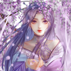 Rule 34 | 1girl, artist request, breasts, closed mouth, dress, falling petals, flower, hair ornament, hairpin, highres, long hair, long sleeves, medium breasts, outstretched hand, petals, purple dress, purple eyes, purple hair, qinshi mingyue, second-party source, see-through, see-through shirt, solo, white background, wisteria, zi nu (qin shi ming yue)