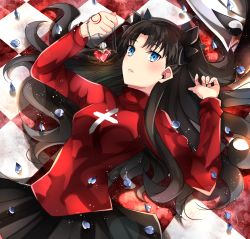 Rule 34 | 1girl, black bow, black hair, black skirt, blue eyes, bow, checkered background, fate/stay night, fate (series), from above, hair bow, holding, holding jewelry, holding necklace, jewelry, unworn jewelry, long hair, lying, mady (madine08260), miniskirt, necklace, unworn necklace, on back, parted lips, petals, pleated skirt, red sweater, skirt, solo, sweater, tohsaka rin, twintails, two side up, very long hair