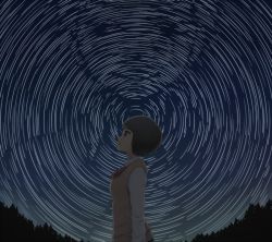 Rule 34 | 1girl, black hair, breasts, female focus, nature, night, night sky, original, outdoors, plant, profile, school uniform, short hair, sky, smile, solo, star trail, sweater vest, uniform, upper body, when you see it, yajirushi (chanoma)