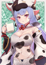 Rule 34 | 1girl, :o, animal costume, animal ears, animal print, bikini, blue hair, blunt bangs, breasts, catura (granblue fantasy), cleavage, commentary request, cow costume, cow ears, cow hat, cow horns, cow print, cowboy shot, cup, detached collar, detached sleeves, draph, ear piercing, granblue fantasy, green background, hair between eyes, hat, highleg, highleg bikini, highres, holding, holding cup, hood, hood down, horns, large breasts, long hair, looking at viewer, micro shorts, midriff, milk, navel, open fly, piercing, pink eyes, pointy ears, see-through, shorts, sidelocks, solo, standing, strapless, strapless bikini, swimsuit, uneg, white bikini, white shorts, white sleeves, wide sleeves
