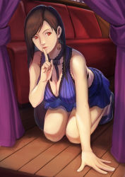 Rule 34 | 1girl, all fours, arm support, black hair, breasts, brown eyes, cleavage, dress, earrings, final fantasy, final fantasy vii, final fantasy vii remake, finger to mouth, high heels, highres, jewelry, ken729819, large breasts, looking at viewer, mature dress, minidress, purple dress, shushing, solo, tifa lockhart