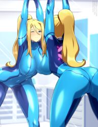 Rule 34 | 1girl, arms up, ass, blonde hair, blue bodysuit, blue eyes, bodysuit, breasts, closed mouth, covered navel, from behind, highres, large breasts, lindaroze, long hair, metroid, mirror, nintendo, one eye closed, ponytail, reflection, samus aran, skin tight, solo, standing, stretching, zero suit