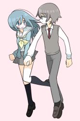 Rule 34 | 1boy, 1girl, aged up, alternate hair length, alternate hairstyle, arms at sides, black footwear, black legwear, blue eyes, blue hair, blue sweater, blush, brown footwear, brown vest, calf socks, clenched hands, closed mouth, collared shirt, dot nose, dress shirt, eye contact, feet up, full body, grey hair, grey pants, grey skirt, hetero, holding hands, kamijou kyousuke, loafers, long hair, looking at another, mahou shoujo madoka magica, mahou shoujo madoka magica (anime), miki sayaka, neckerchief, necktie, nervous, pants, pink background, pleated skirt, pokki (sue eus), red neckwear, sailor collar, school uniform, shirt, shoes, side-by-side, simple background, skirt, smile, socks, standing, standing on one leg, sweater, tsurime, vest, walking, wavy mouth, white sailor collar, white shirt, yellow neckwear