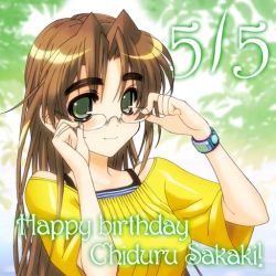 Rule 34 | 1girl, adjusting eyewear, bare shoulders, brown hair, character name, closed mouth, dated, eyebrows, glasses, green eyes, hair intakes, happy birthday, light blush, light smile, long hair, looking at viewer, muv-luv, off-shoulder shirt, off shoulder, sakaki chizuru, shirt, short sleeves, smile, solo, thick eyebrows, upper body, watch, wristwatch, yellow shirt