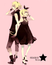 Rule 34 | 1boy, 1girl, back-to-back, bad id, bad pixiv id, black dress, blonde hair, blue eyes, brother and sister, dress, hair ribbon, holding hands, headphones, hetero, highres, kagamine len, kagamine rin, mig (36th underground), ribbon, siblings, twins, vocaloid